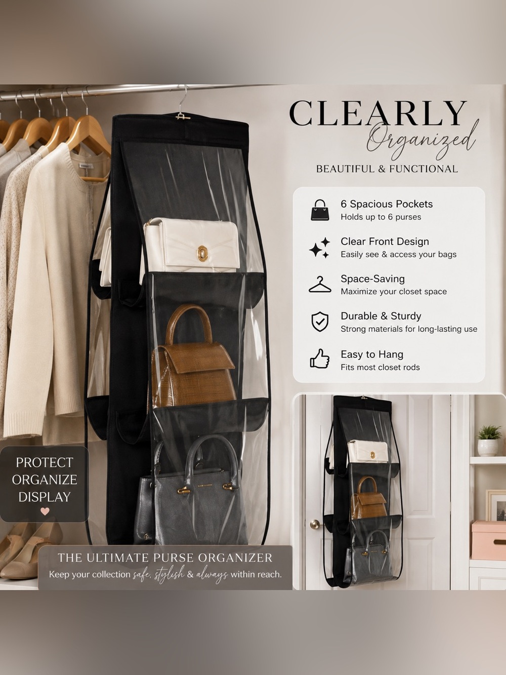 Hanging Clear Purse Organizer with Black Trim
